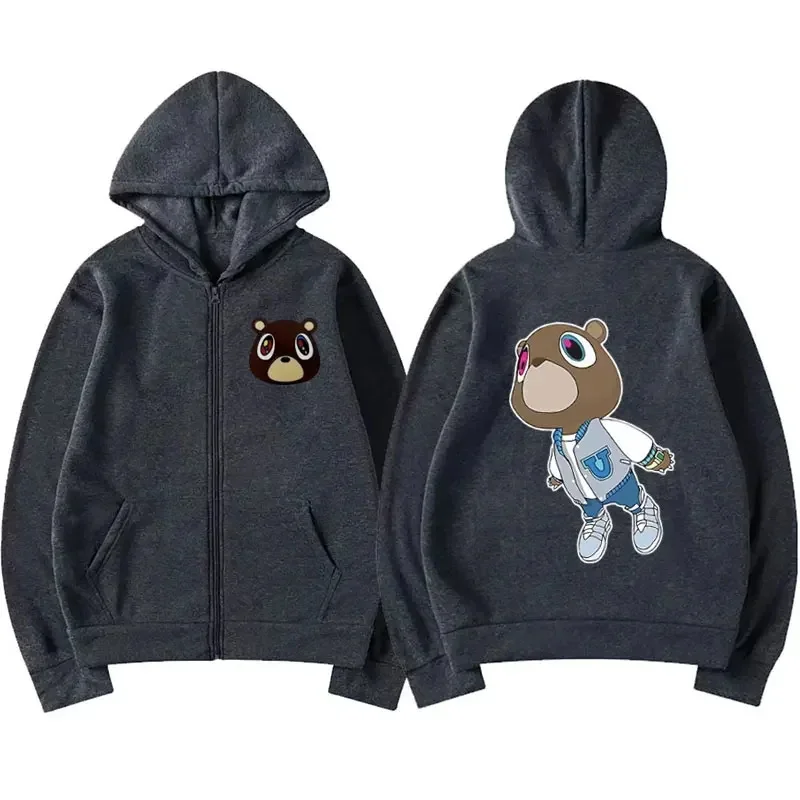 Kanye West graduate dropout bear zipper hooded jacket for men and women, fashionable retro zipper hooded casual oversized sports