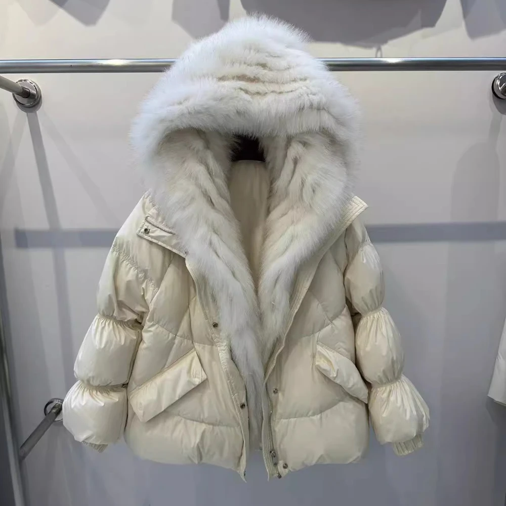 

Big Real Fox Fur Collar White Goose Down Coat Winter Thick Warm Belt Natural Reality Fur Jacket Loose Puffer Parka Jacket Women