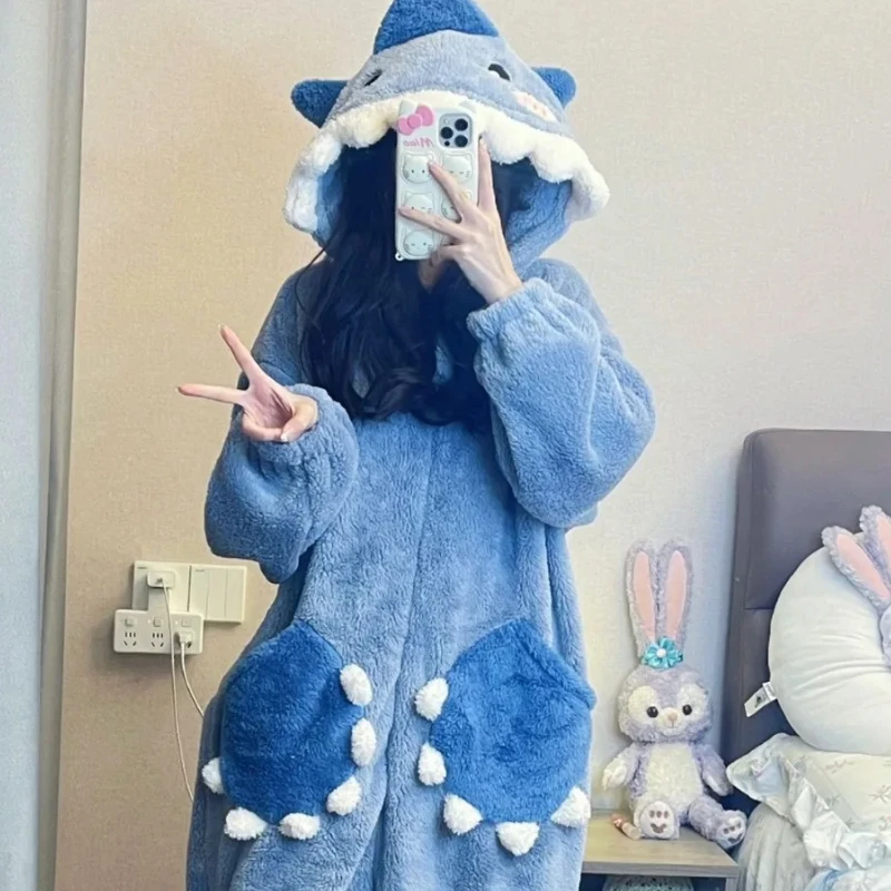 Cartoon Cute Shark Women's Hooded Sleepwear Kigurumi Unicorn Winter Cosplay Pijama jumpsuit Female Christmas Party Loungewear