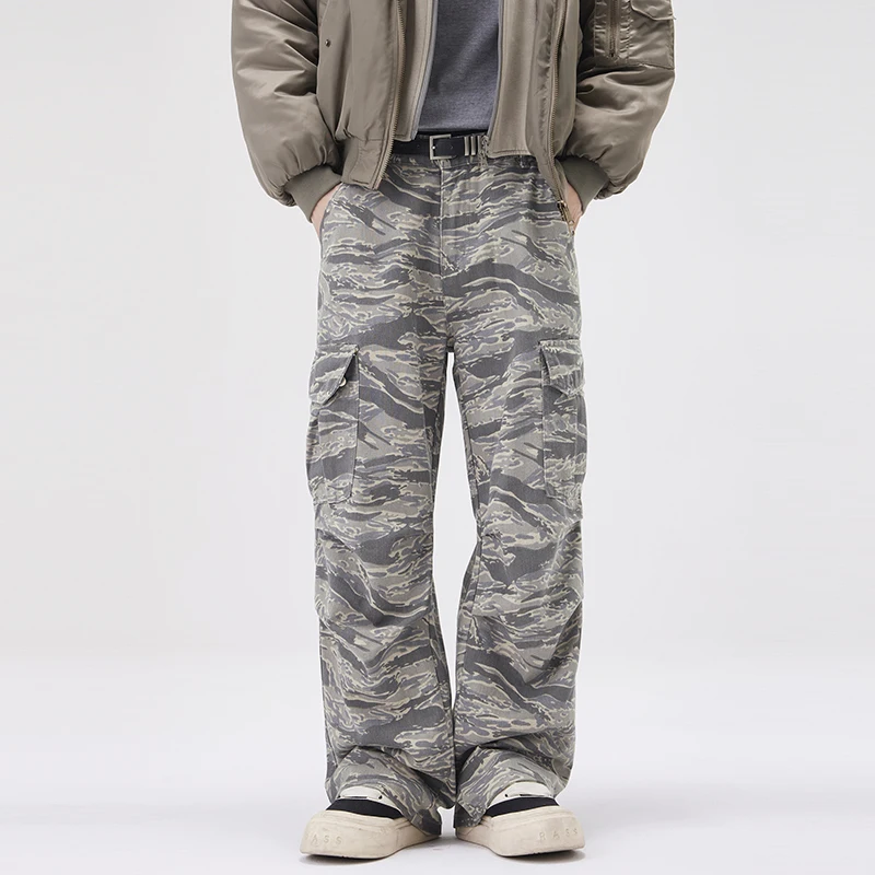 High Street Men's Camouflage Cargo Pants Autumn Trendy Handsome Big Pocket Wide Leg Outdoor Hiking Combat Male Workwear Trousers