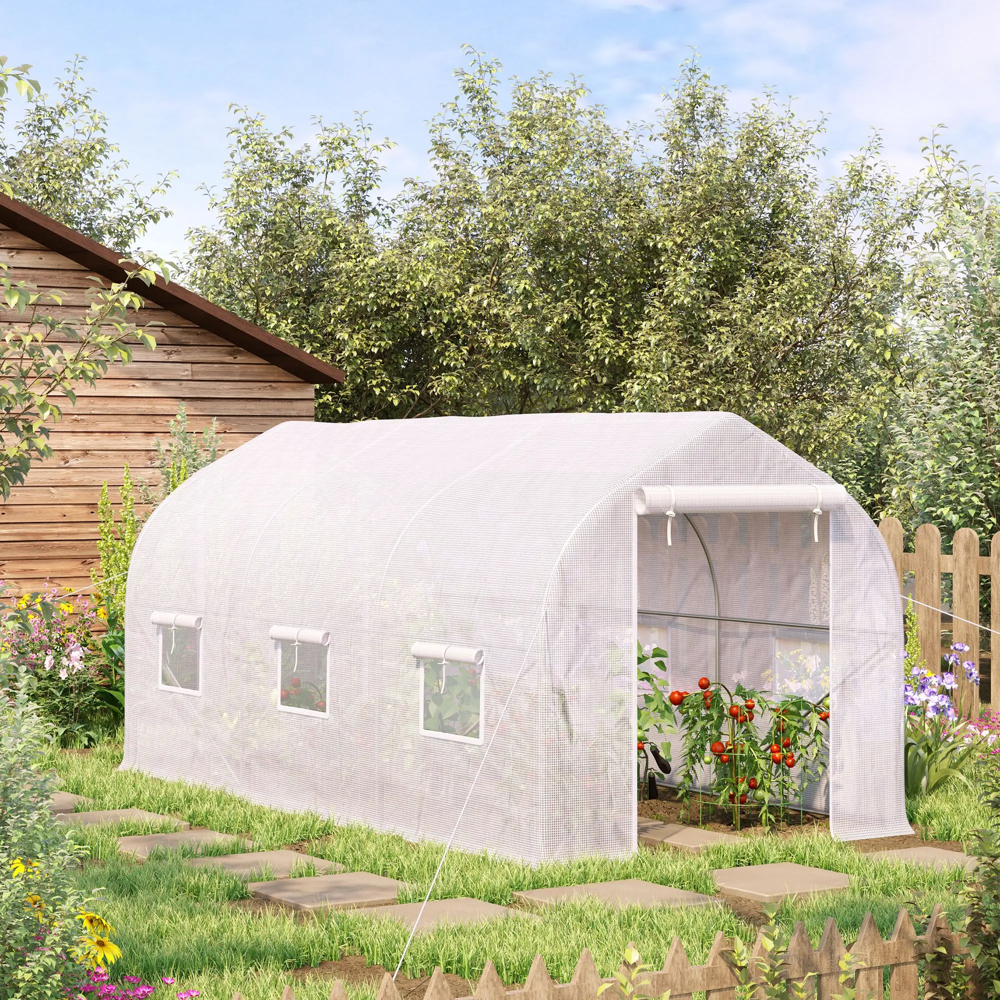 HOMCOM Invernadero de Túnel Jardín 4x2x2 m con 6 Ventanas y Puerta