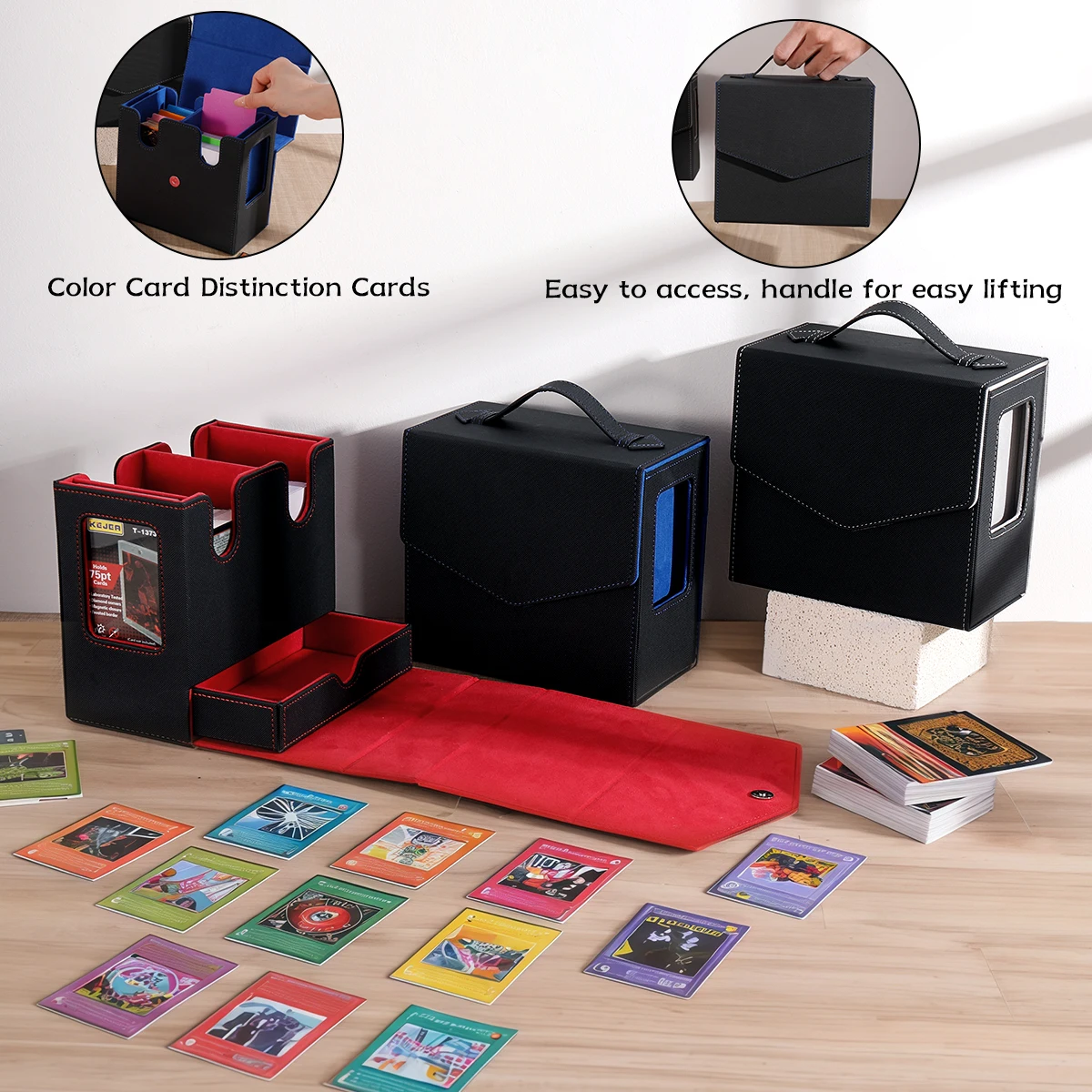 Card Deck Box with Display Window, Holds 200 Double‑Sleeved Cards & Dice Tray, Magnetic Closure PU Leather Card for TCG Cards