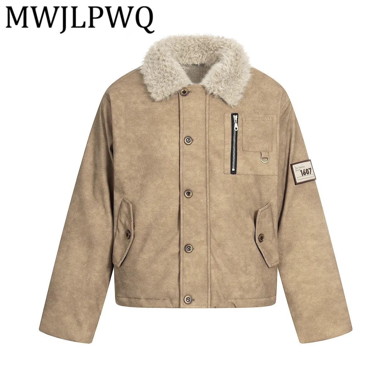 

MWJLPWQ Trend 2025 Новая зимняя куртка из искусственной кожи в американском стиле, мужская уличная вышивка, меховой воротник, дизайн, повседневное хлопковое пальто 21417