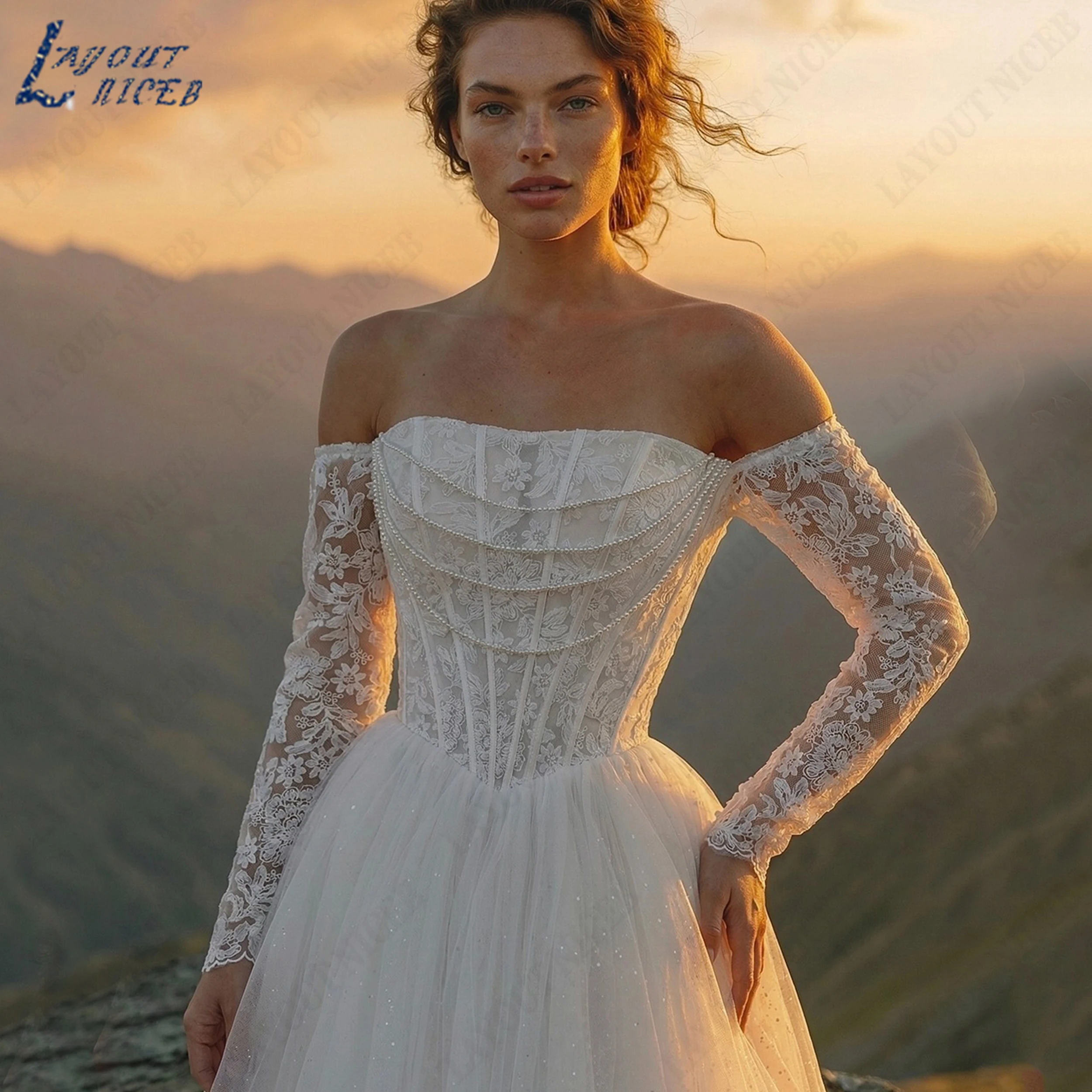 LAYOUT NICEB Customized Off Shoulder A-Line Wedding Gown Tulle Lace Up Back Bridal Dress Pearl Long Sleeve Dresses For Bride
