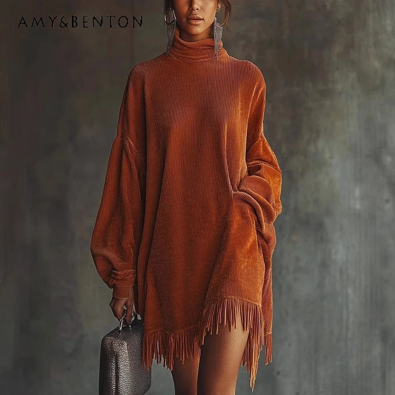 

2026 Spring New Elegant Loose Tassel Long Sleeve Women's Dress Vintage Design Sweet Cool Y2k Fashion Personality Dresses Ladies