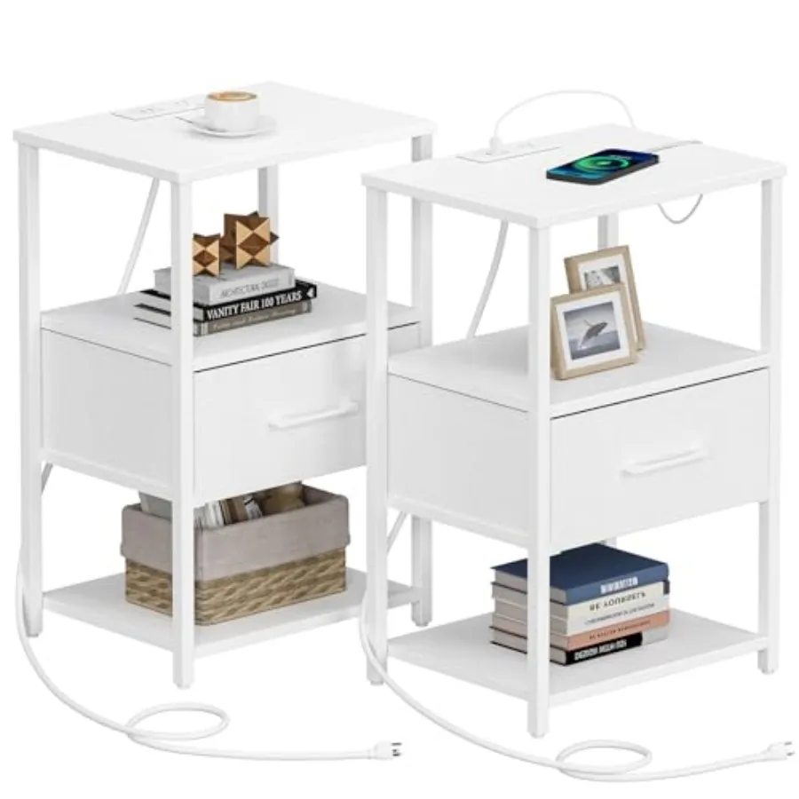 

Nightstand Set of 2 Night Stand with Charging Station End Table Bedside Table with Fabric Drawer Side Table for Livingroom and