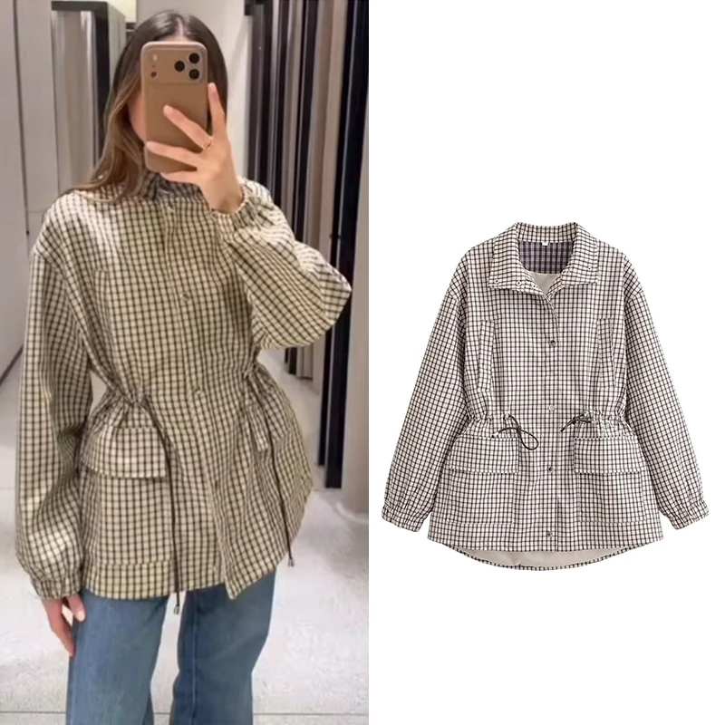 

Women's Jacket 2026 New Spring Autumn Long Sleeve Stand-Collar Checkered Jacket Fashion Casual Chic Women Outerwear