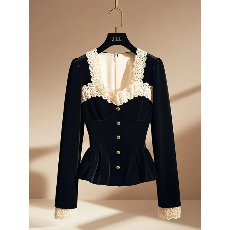 Minority Square-neck Collar Black Long-sleeved Shirt Autumn New Cover The Belly Short Jacket Female in The Spring Lace Commuting