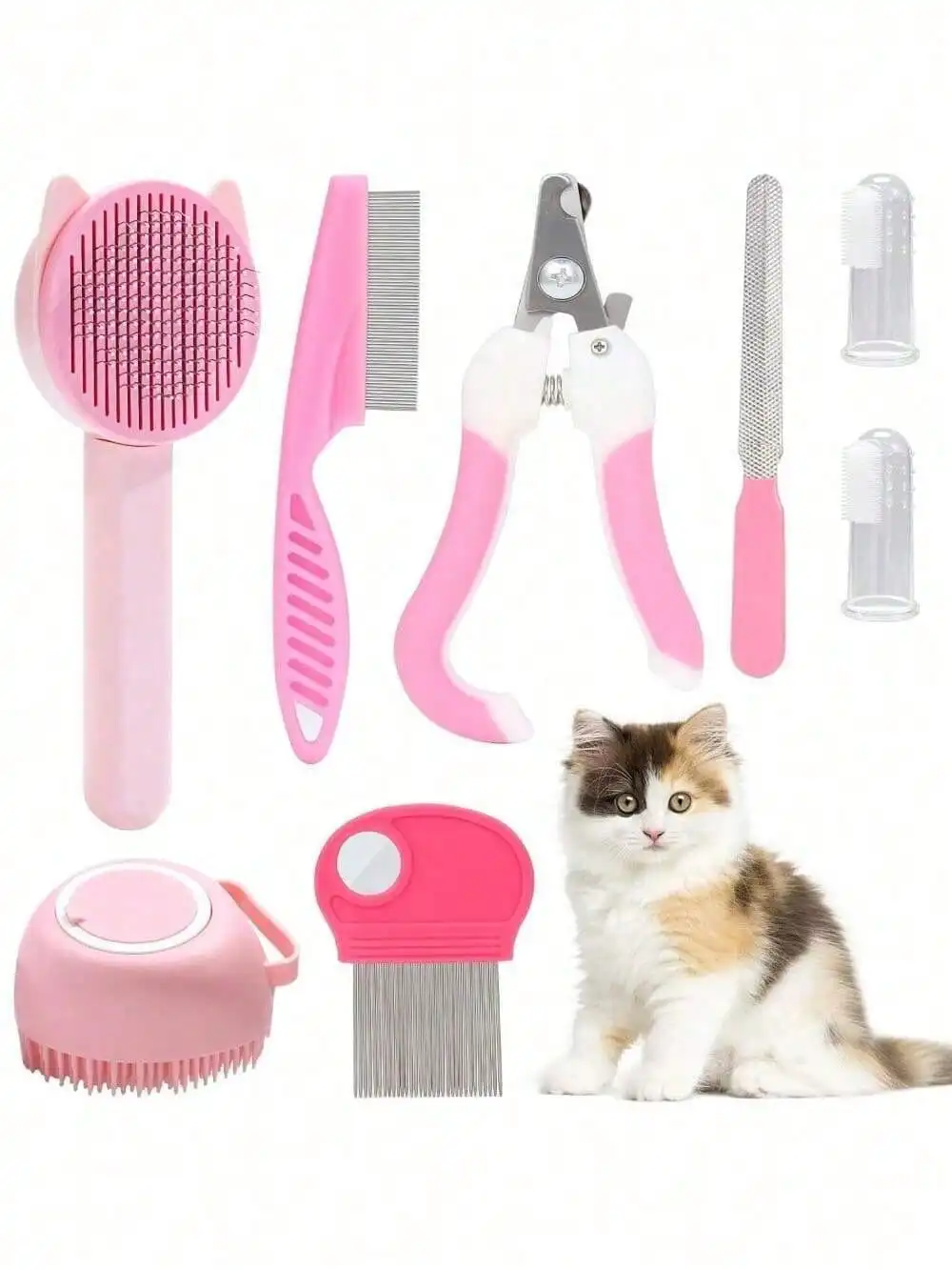 

8 Pcs Cat Brush Grooming Kits, Pet Self Cleaning Kit With Pet Nail Clipper And File, Flea Comb, Pet Shampoo Bath Brush, Pet Shedding Brush, Silicone Toothbrush (Pink)