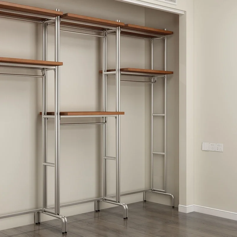 Open style wardrobe, Nordic wrought iron frame, metal cloakroom, storage rack, walk-in clothes rack
