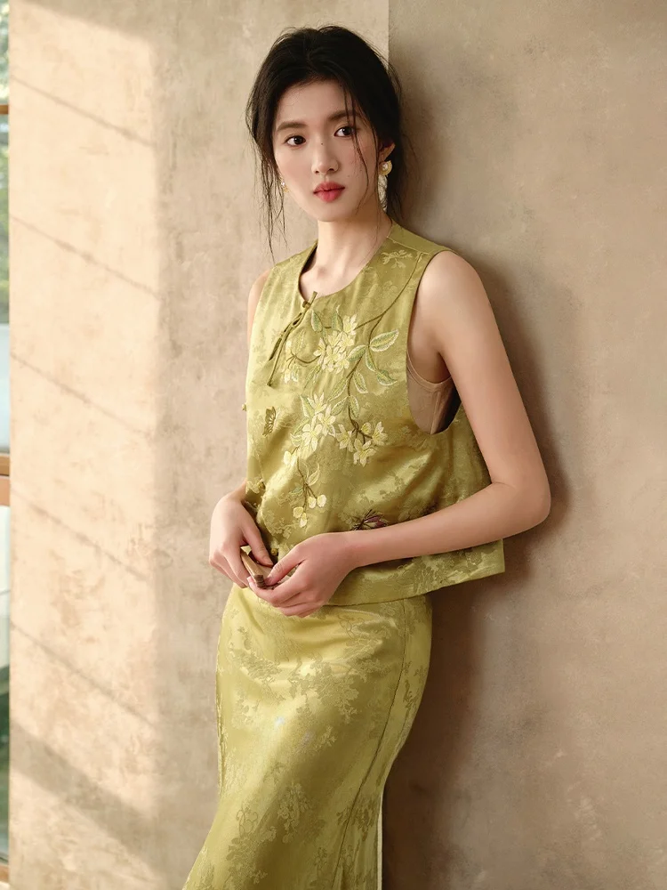 

New Chinese Sle Layering Women's Linen Embroidered Vest Faionable Small Size round Ne Single Button Closure Jaet