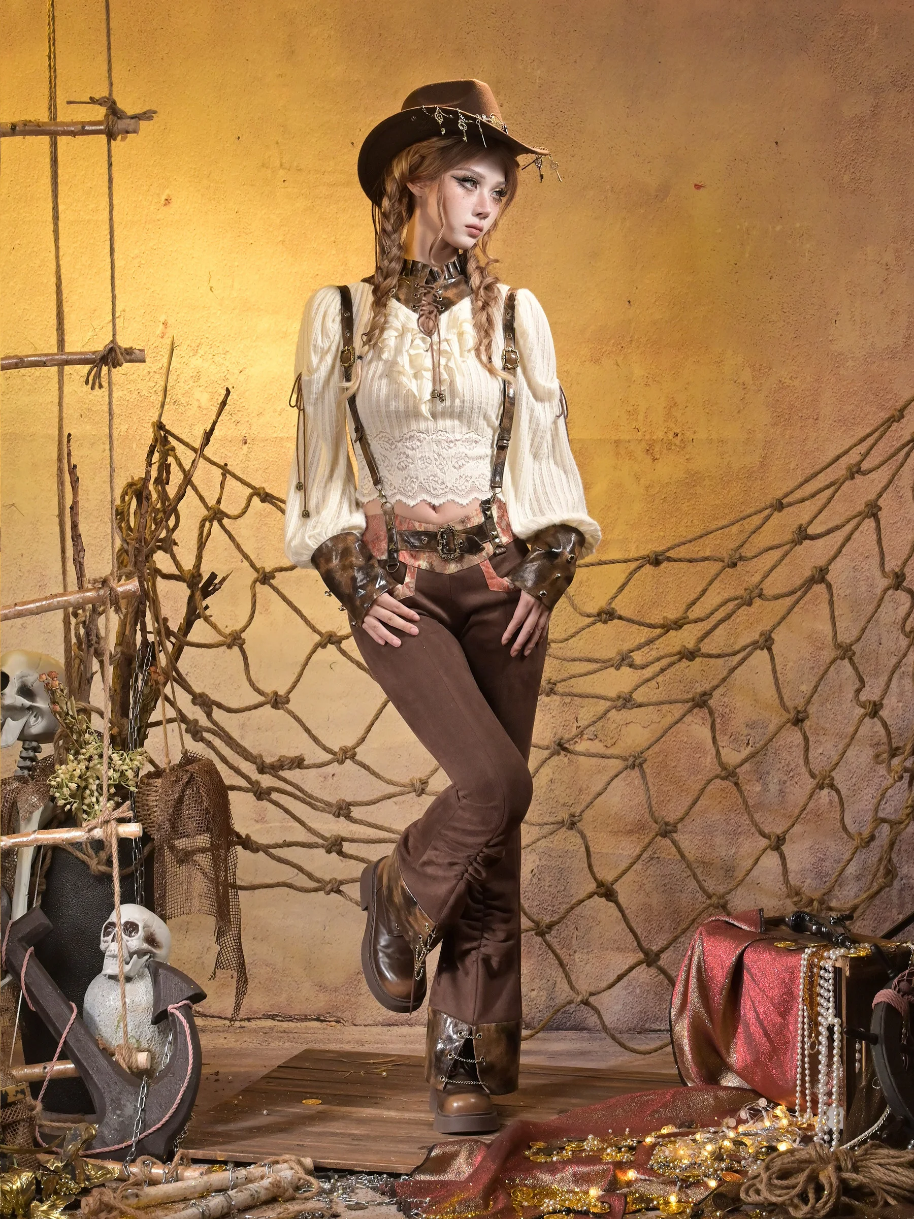 Original Elegant Lolita Cosplay Suit Punk Knitted Stitching Straps Stand-up Collar Lace Top Low Waist Retro Overalls Trousers