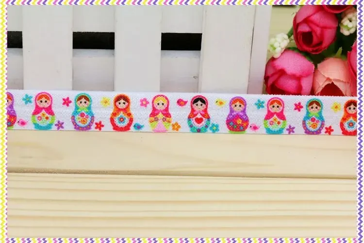 DHK 5/8'' 5yards Fold Over Elastic FOE doll printed headband headwear hair band diy decoration OEM Wholesale E407