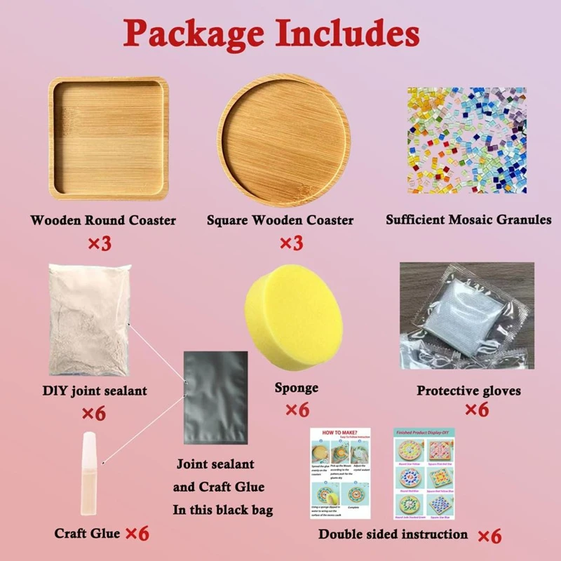 クラフト用モザイクタイル、ミックスカラーガラスモザイクキット（木製コースター付き、大人向け）、手作りホームデコレーション用-a27r