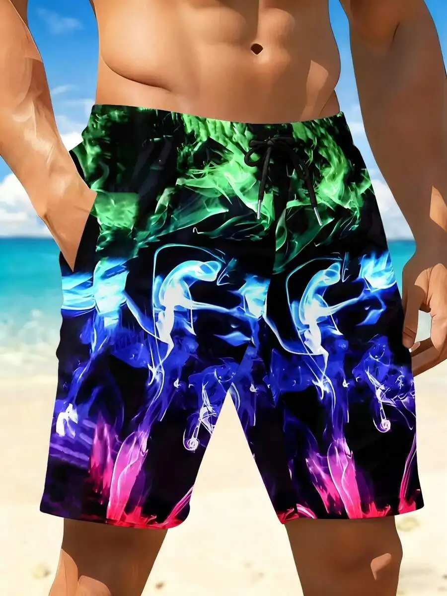 

Mens Quick-Dry Swim Trunks With 3D Full-Print Flame Design - Regular Fit Beach Shorts