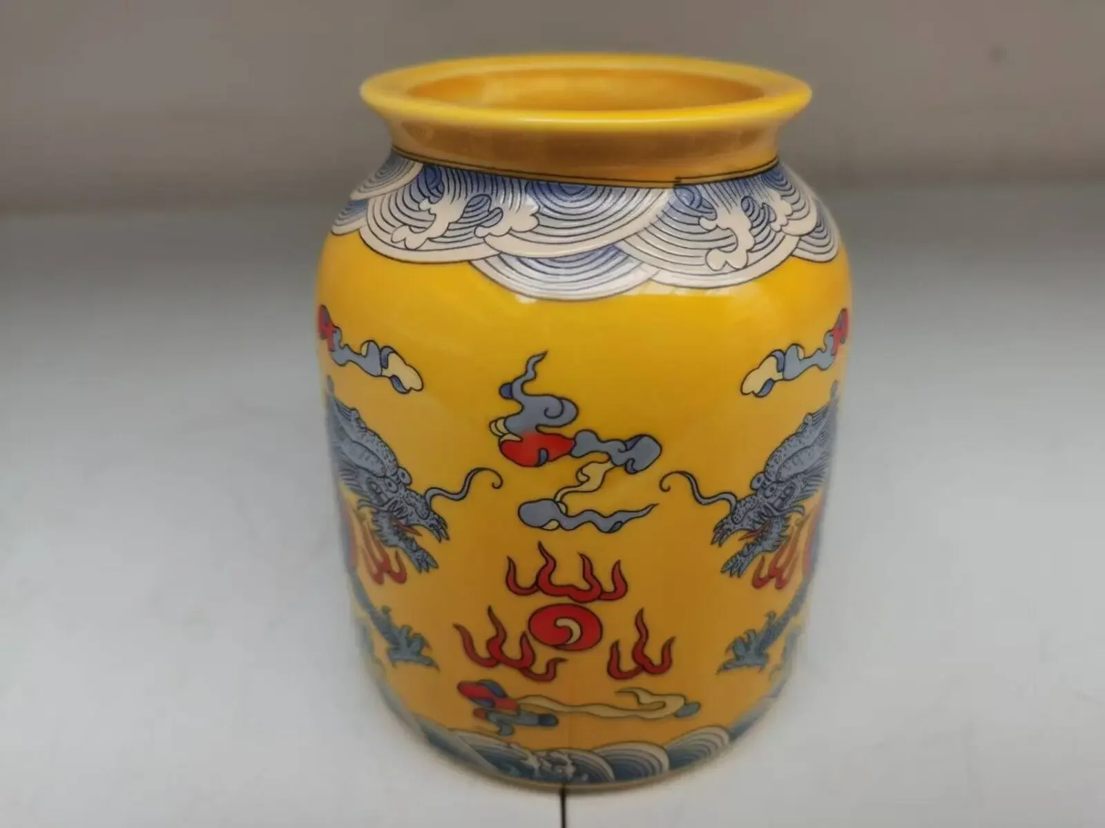 Old porcelain Vase FOLK ART Collection,Chinese yellow enamel colored dual dragon pattern