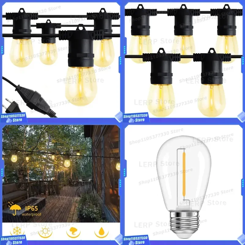 14.6m Commercial Grade String Lights with 15 Edison Bulbs Shatterproof Outdoor Decorative Flower Garland for Patio Garden