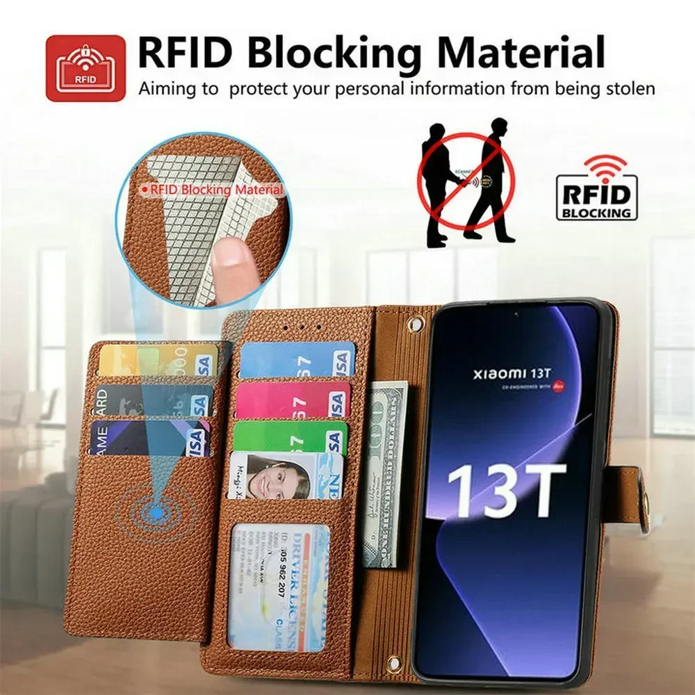 For Xiaomi 14T 13T Pro 14 Ultra 5G Wallet Case Redmi Note 13 Pro 4G RFID Zipper Crossbody Leather Book Funda Mi 14 T Note13 Plus