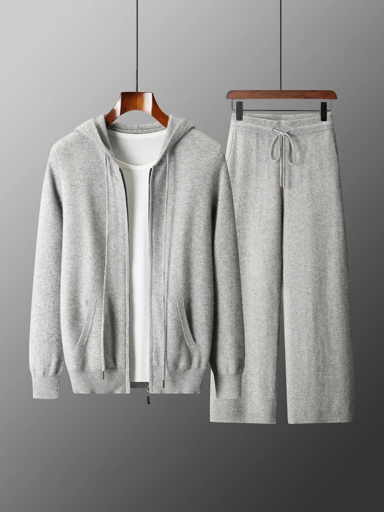 Men's Two-piece Sets 100% Merino Wool Knitting Hooded Collar Cardigan and Wide-leg Pant Autumn Winter Thickened Warm Clothing
