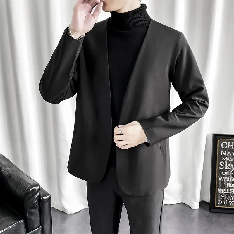 3-G14  Casual Korean style Asian trendy men\'s tops long sleeve collarless suit jacket persoy casual collarless light mature suit