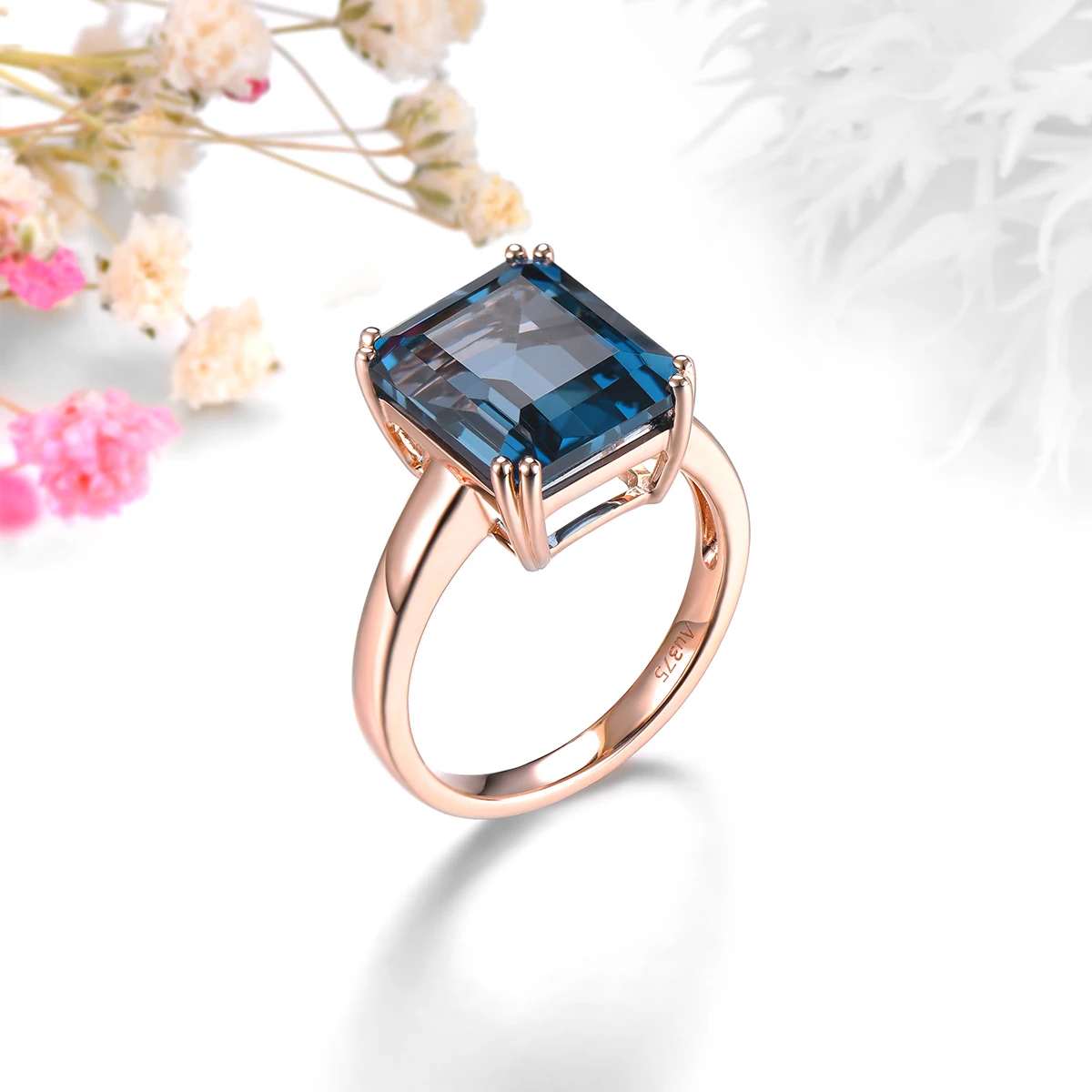 Lohaspie Natural London Blue Topaz Real 9K Rose Gold Ring 6.9 Carats Genuine Gemstone Classic Style Fine Jewelrys Women Gifts