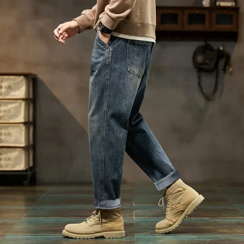 New Warm Jeans Slacks Blue Harem Pants Thickened Denim Trousers Fleece Loose Fit Winter Jeans Men's Oversized  Denim