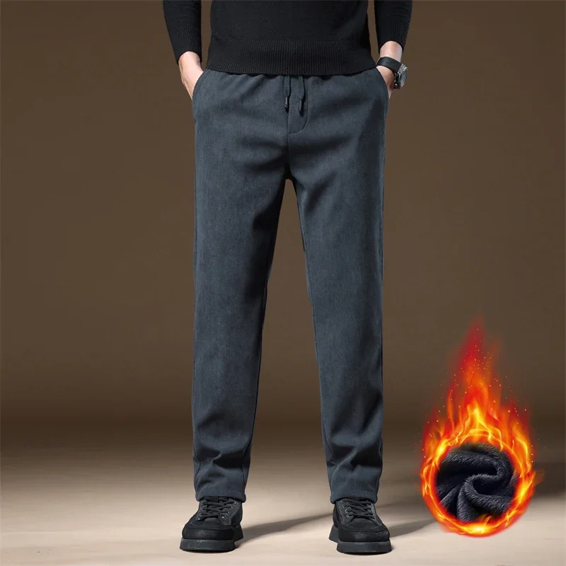 

High Quality Winter Fleece Warm Corduroy Pants Men Elastic Waist Straight Thick Outdoors Velvet Flocking Casual Trousers Gift