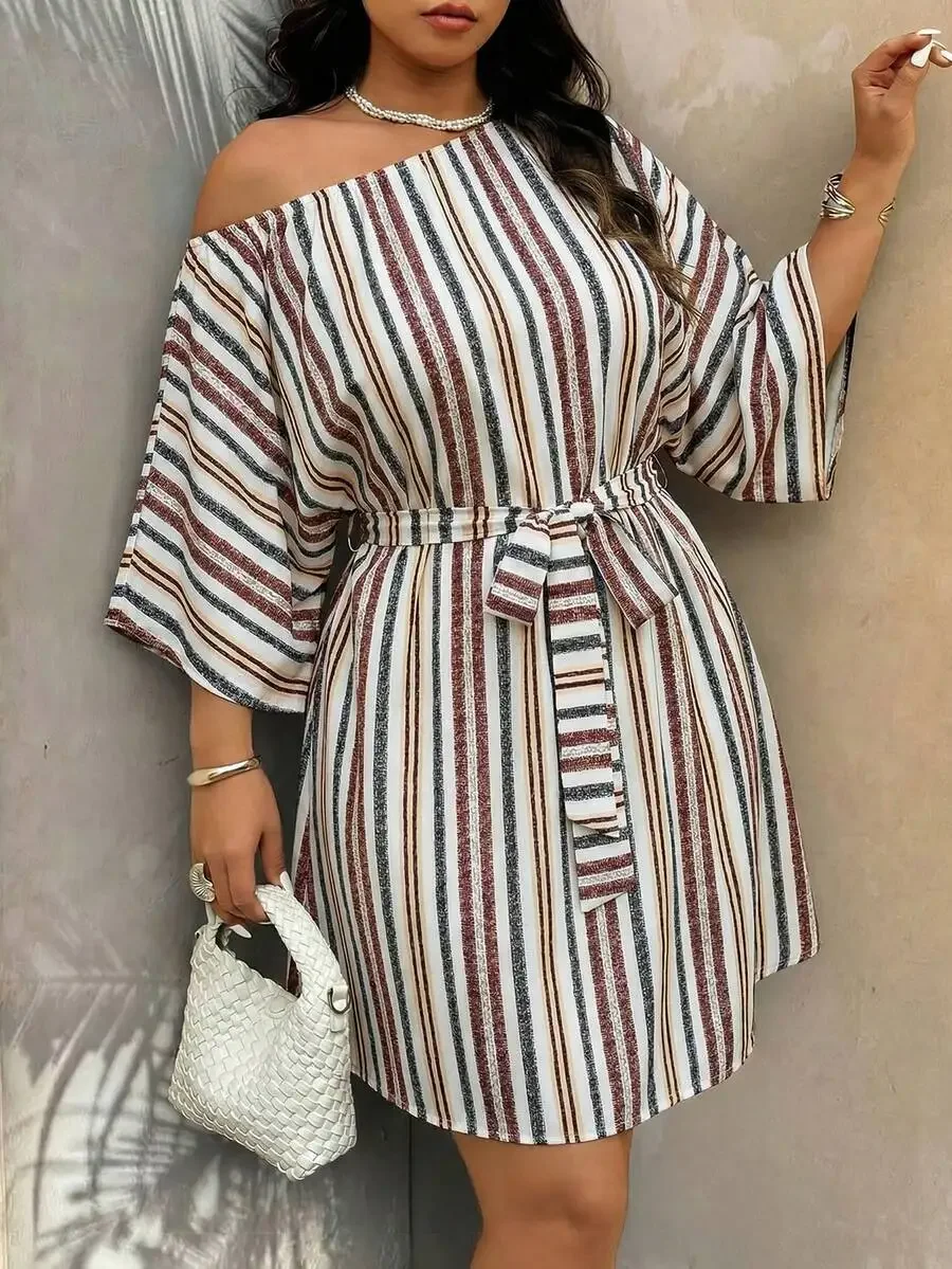 

Off Shoulder Striped Wrap Dress With Belt For Women Summer Casual