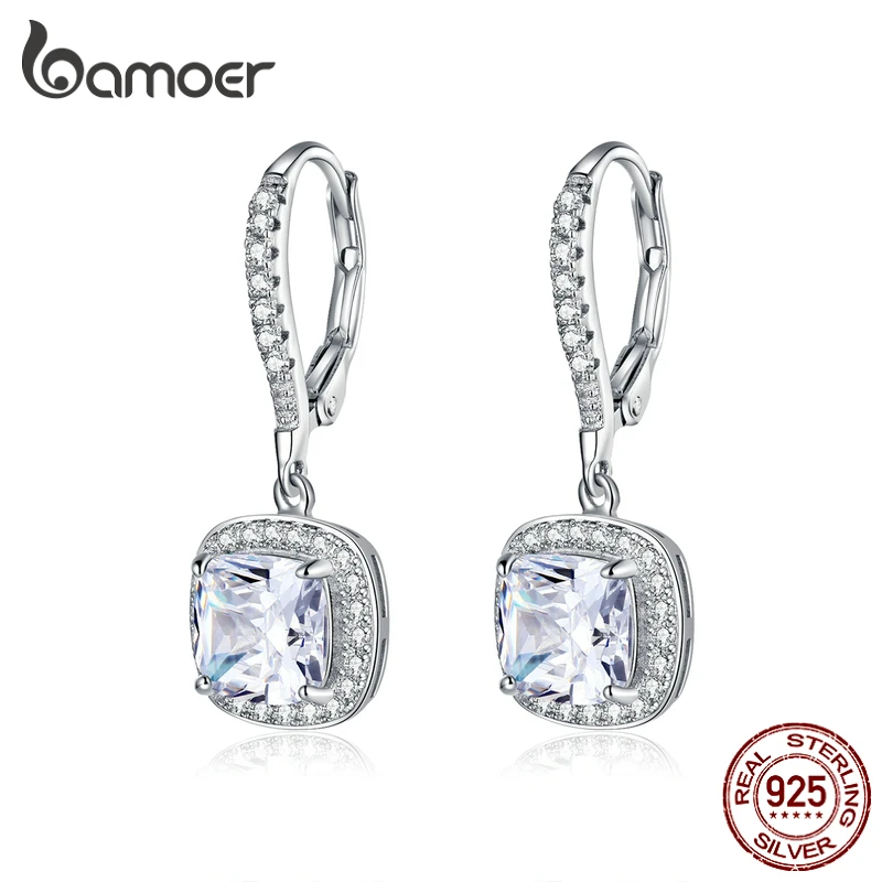 BAMOER Authentic 925 Sterling Silver Dazzling CZ Square Geometric Drop Earrings for Women 14K Gold Plated Wedding Jewelry SCE520