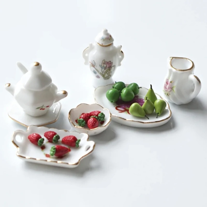*1 Set Doll House Decoration Mini Ceramic Tea Kit Simulation Kettle Plate Model Toy 1:12 Dollhouse Miniature Accessories