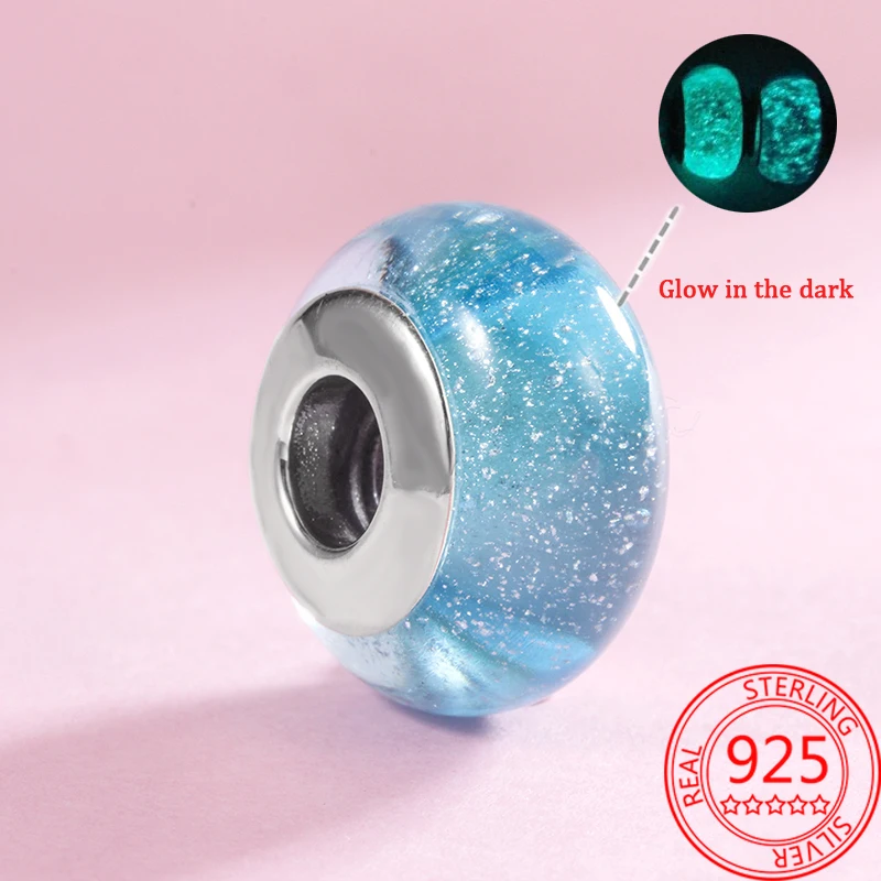 Colorful S925 Silver Blue Glow-in-the-dark Murano Princess Glass Beads Fits DIY Bracelet & Bangle Jewelry Set Accessories