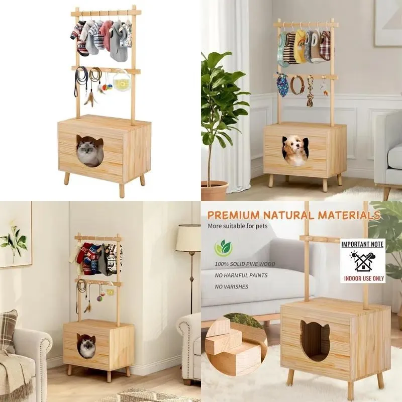 Multifunctional Modern Eco Friendly Wooden Cat Wardrobe Storage Rack with Solid Pine Cat House and Pet Hanger