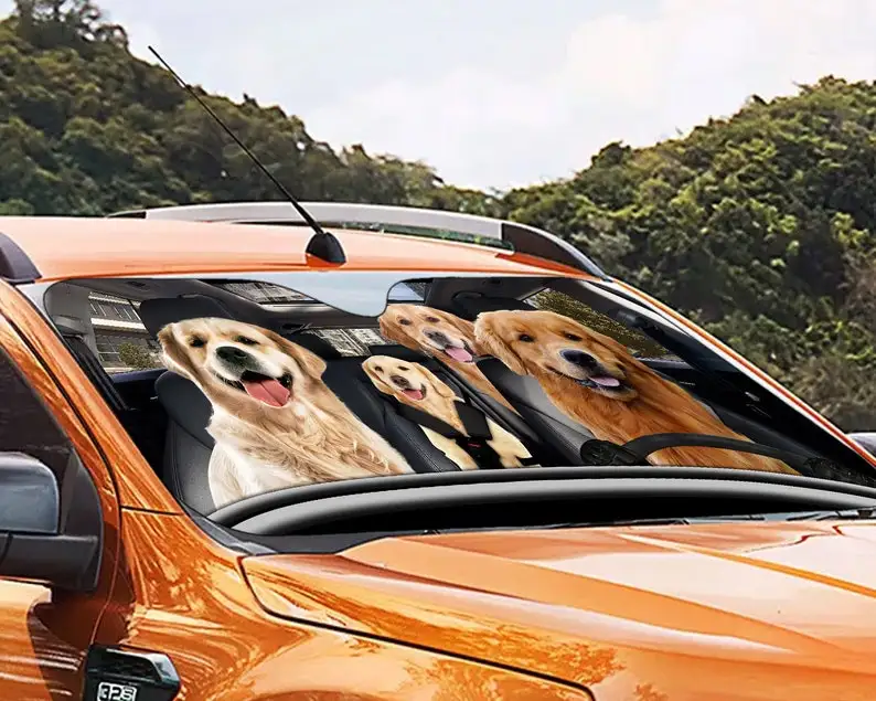 Golden Retriever Family Driving Car Sunshade, Dogs Auto Sun Shade, Car Auto Sun Shade, Car Windshield, Car Accessories, gift for