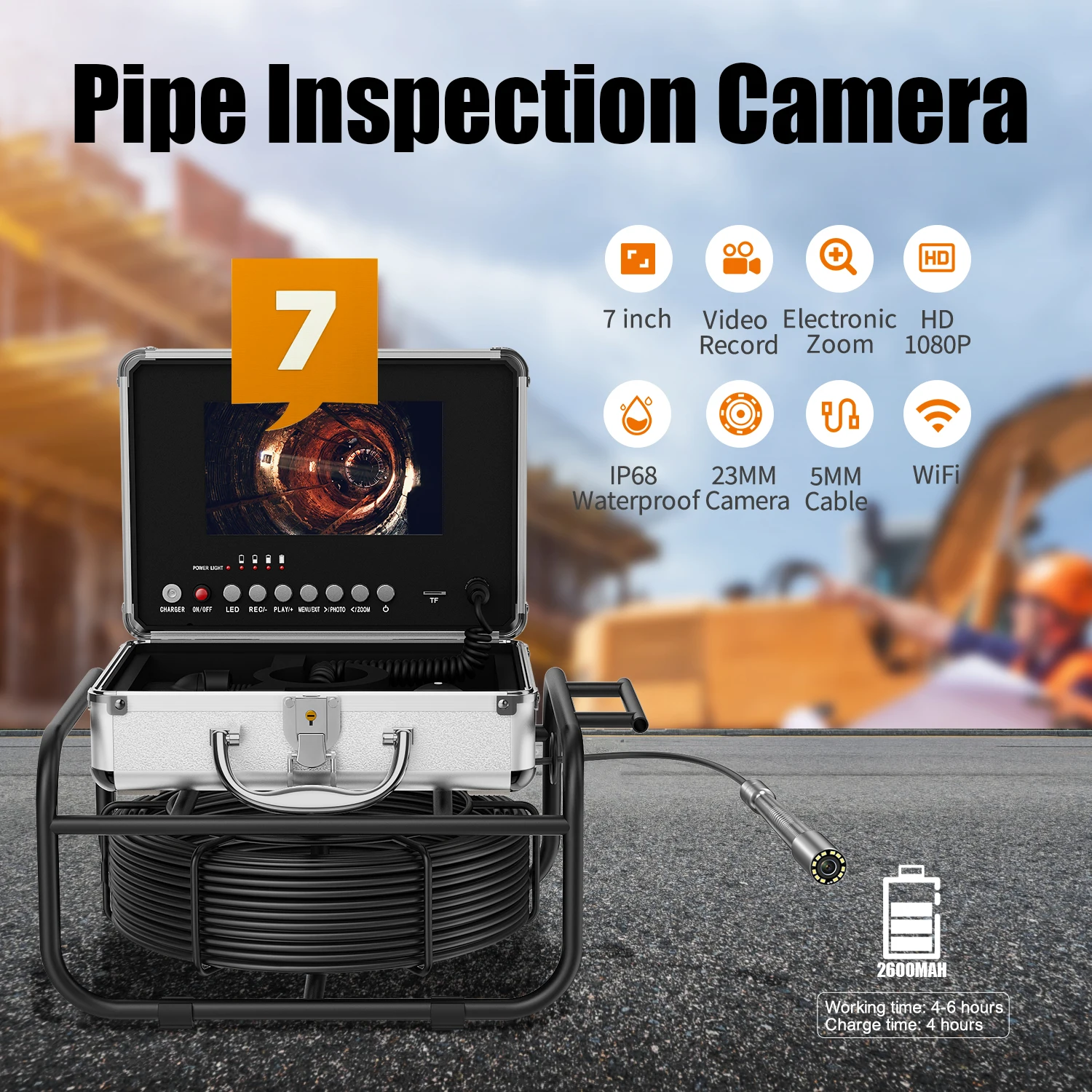 

Sewer Pipe Inspection Camera With WiFi Wireless DVR Video Endoscope Camera 7" Screen 1080P 23mm Tube Lens IP68 16GB TF Card