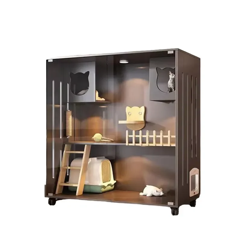 Luxury Two Story Solid Wood Cat Villa Modern Retro Removable Pet House Integrated Living Room Cabinet for Cats Stylish