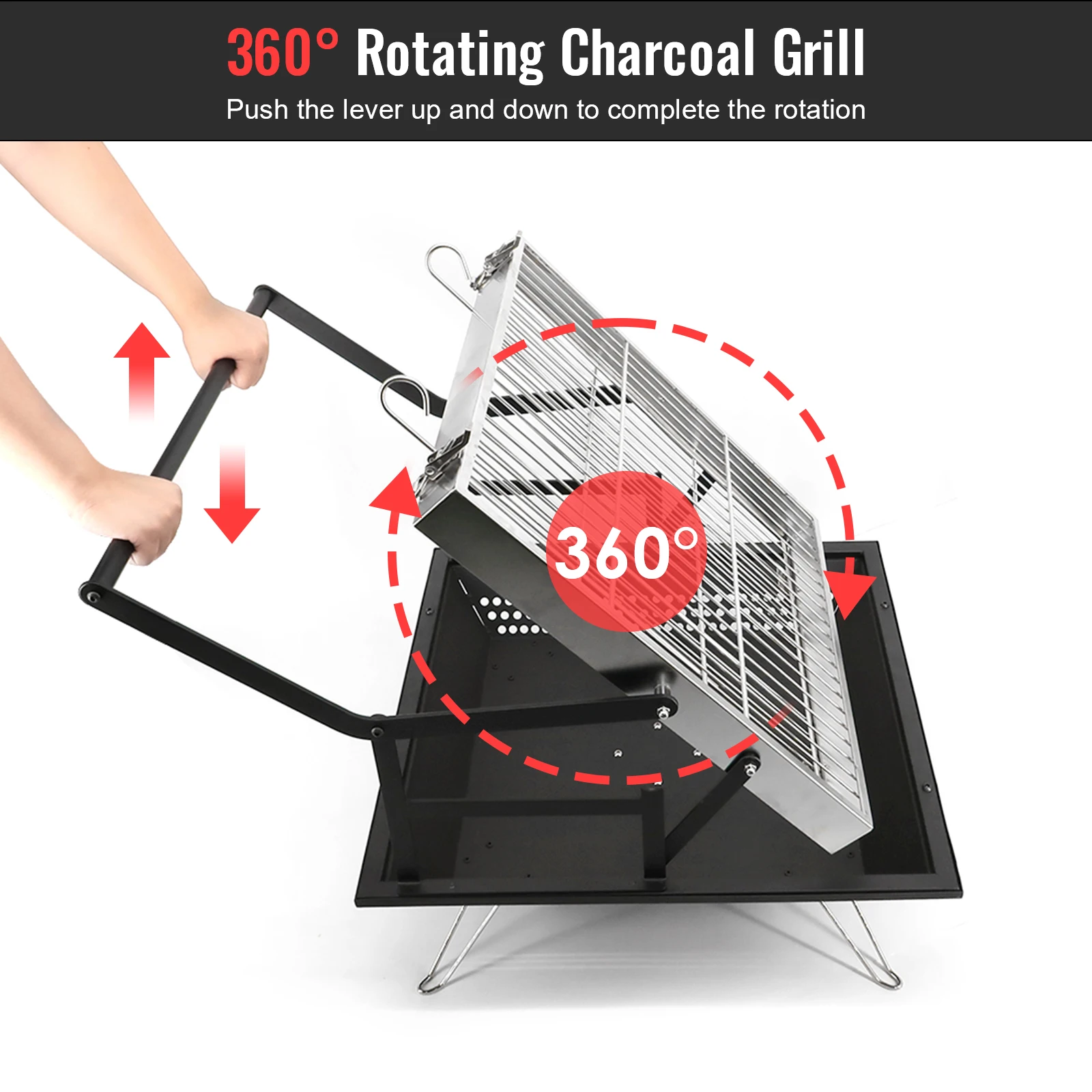 360° Rotating Charcoal Grills,Stainless Steel Flipping Barbecue Grill for Camping BBQ Picnics Beach Party Cooking Outdoor Garden