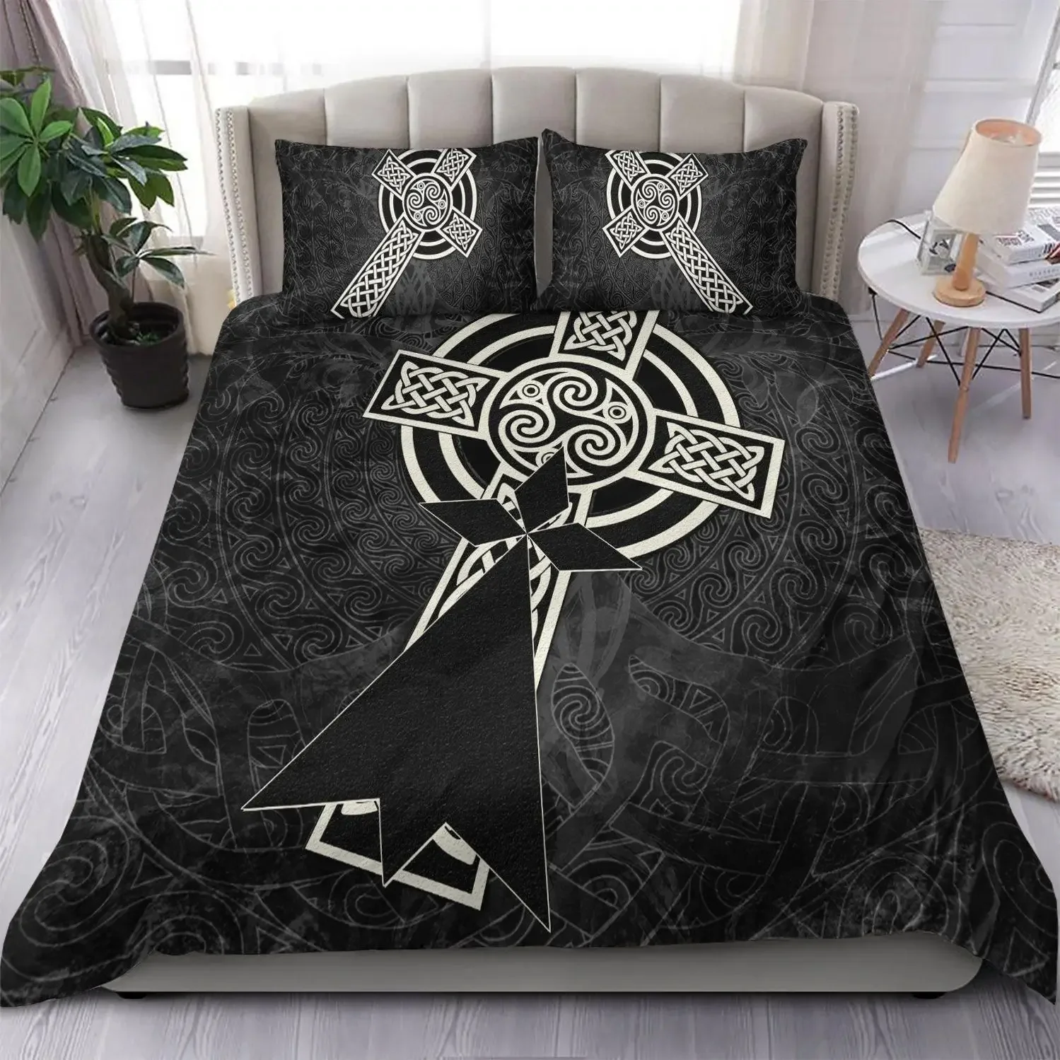 Viking Duvet Cover Set,Dragon & Claddagh Cross Celtic Bedding Set,Guardian of Asgard Scandinavian Culture Comforter Cover Queen