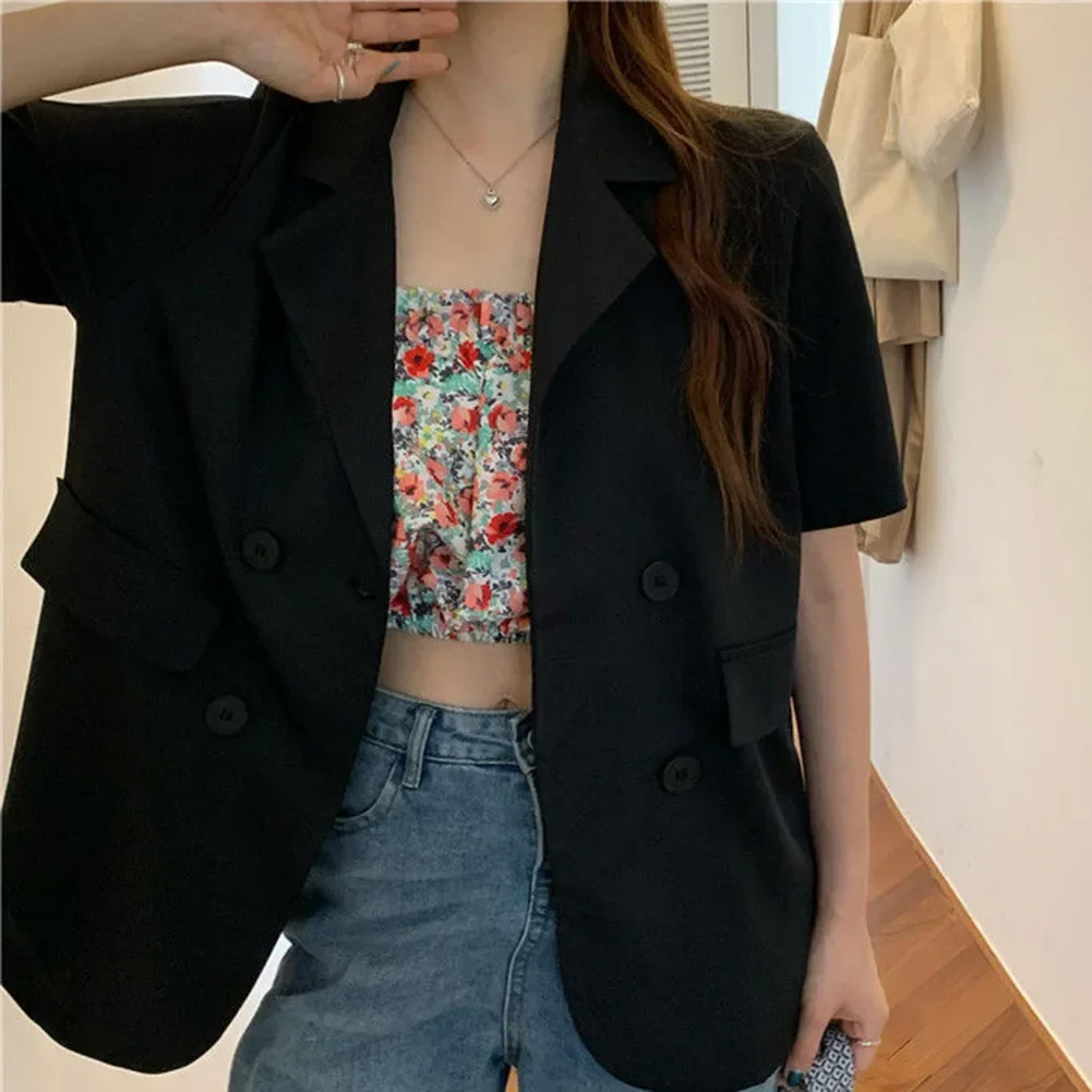 Blazer feminino de manga curta com gola aberta, jaqueta solta, tops femininos