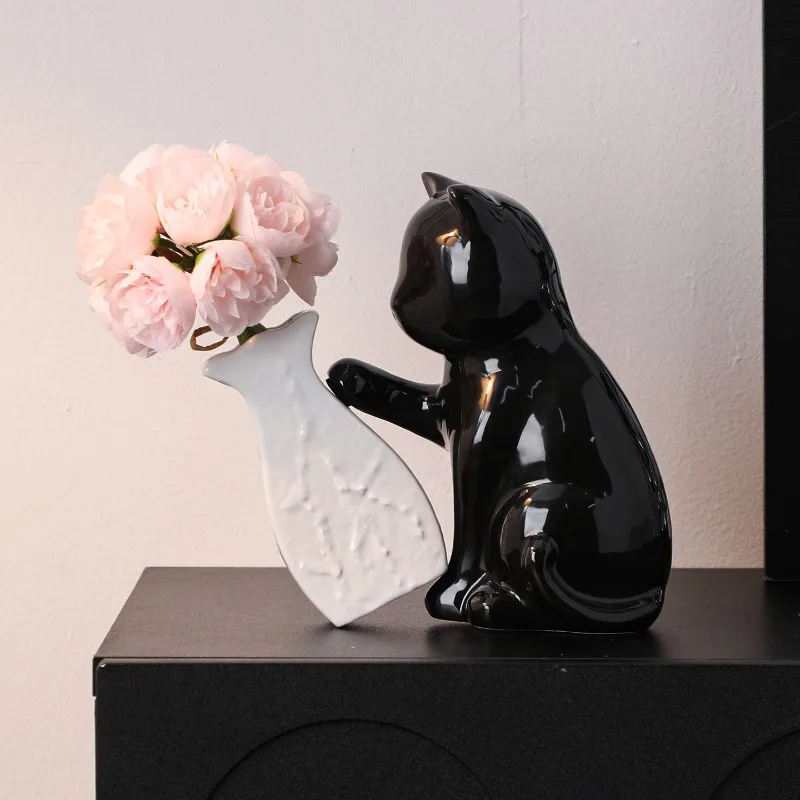 Small Size Cute Cat Flower Arrangement Creative Vase Decoration Living Room Flower Arrangement for Home Office Birthday Gift