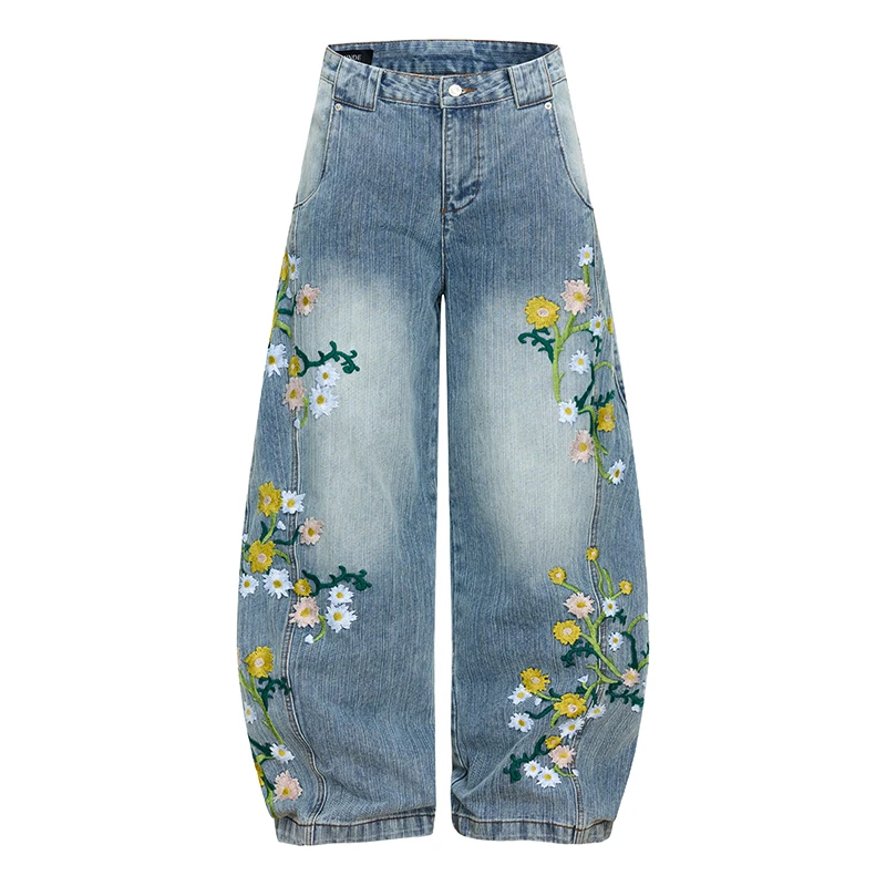 Pantalones vaqueros con bordado Floral de estilo americano para hombre, novedad de Otoño de 2025, pantalones curvos holgados Retro, pantalones vaqueros largos de pierna ancha a la moda