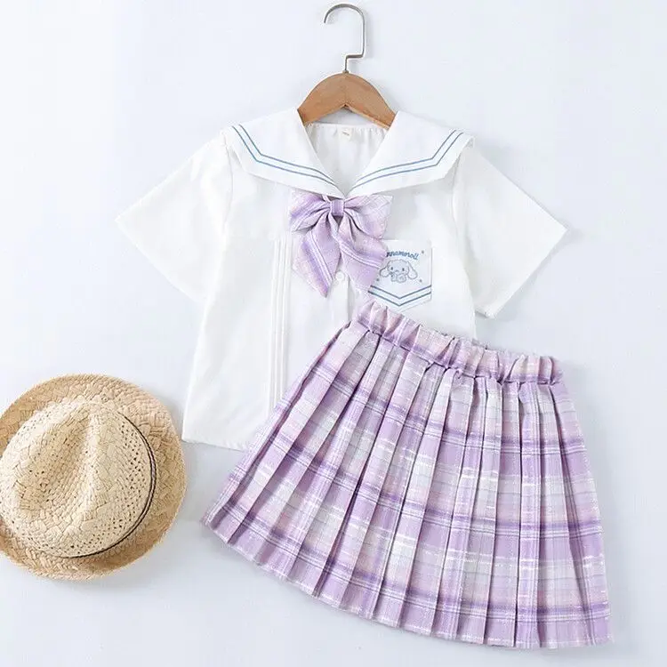 Kawaii Cinnamoroll School Uniform Set Sanrio Anime Summer Cute Girl Maid Outfit JK Uniform Suit Pleated Skirt with Safety Short