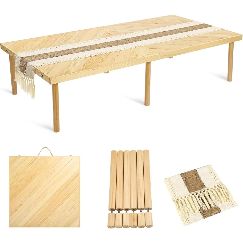 

Portable Outdoor and Indoor Boho Style Wooden Picnic Table with Table Runner, 60" x 30", Adjustable Folding Design