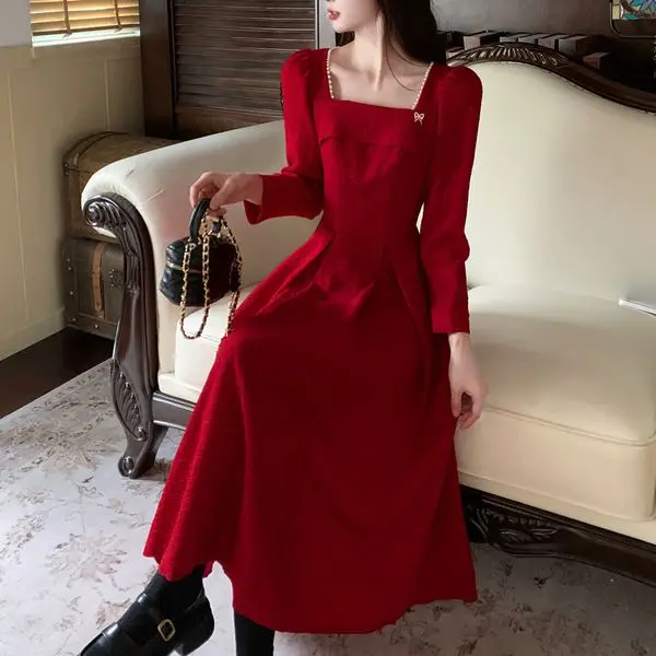 

Women Square Collar Chic Slim Long Dress Fashion Elegant Holiday Street Women's Long Sleeve Loose Party Dress Versatile C316