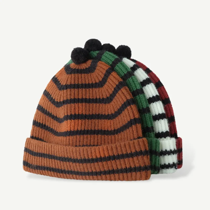 

Hat Women Winter Beanie Pompom Acrylic Knit Stripe Autumn Warm Skiing Accessory For Cold Weather Sport Outdoor Holiday Teenagers