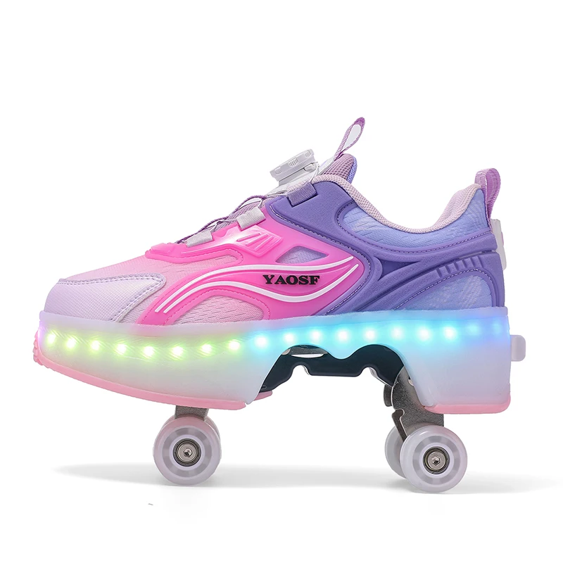 Zapatos 2 en 1 con ruedas para niños, patines pequeños de 4 ruedas con luces, zapatillas deportivas casuales para exteriores para niños y niñas con luces de colores.