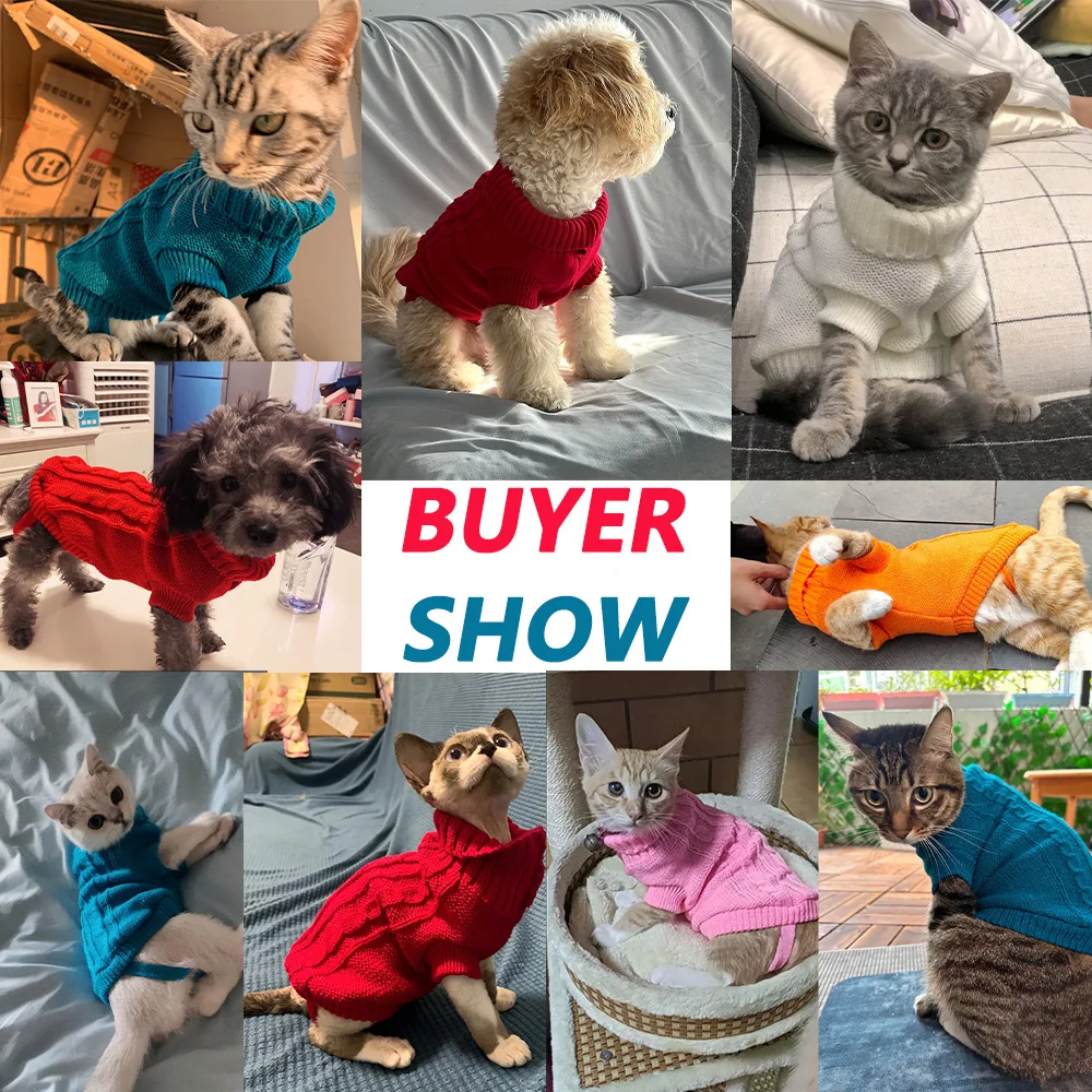 Winter Katzen- und Hundepullover aus Strick, Weiche Warme Welpenkleidung für Kleine und Mittelgroße Hunde und Katzen mit Rückenbeinriemen, Einfarbiger Haustierpullover mit Rollkragen – Detail 1