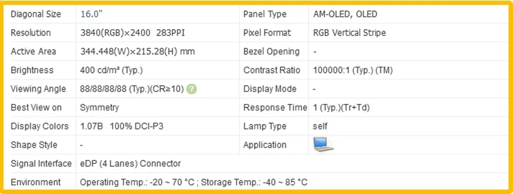 ATNA60YV01-0 16 inch Laptop Display OLED Screen No-touch 4k 3840x2400 AMOLED IPS Panel 100% DCI-P3