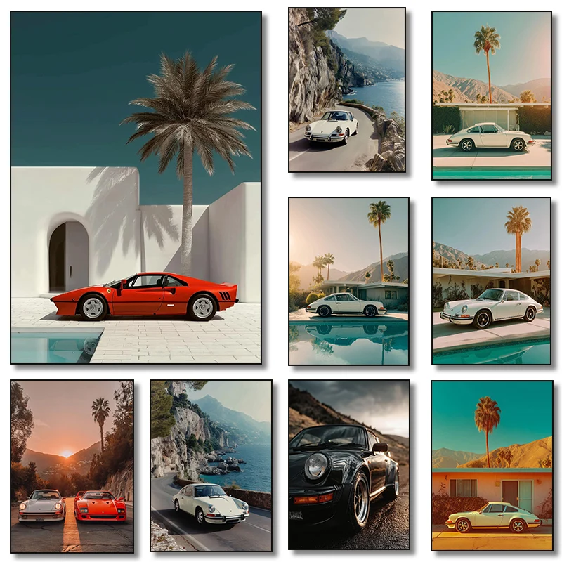 Retro Luxury Sport Car Coastal Road Villa Palm Springs Pool Photography Poster Canvas Painting Print Wall Art Home Decor