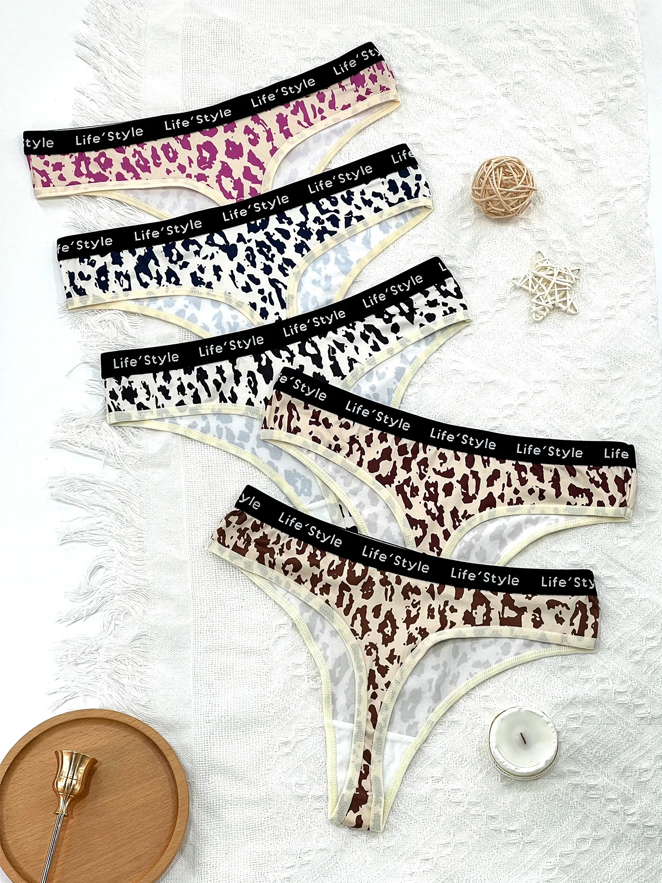 애니멀 프린트, 레오파드 프린트, 핑크 레오파드 프린트, 혼합 컬러 끈팬티, 섹시하고 패셔너블하며 편안한 5켤레 혼합 의상