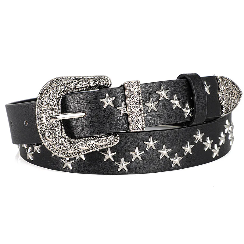 Herren- und Damengürtel Trend Pentagramm Niete Punk-Stil, Vintage geschnitzte Schnalle PU-Ledergürtel, Subkultur Rock Hip-Hop Y2k Gürtel